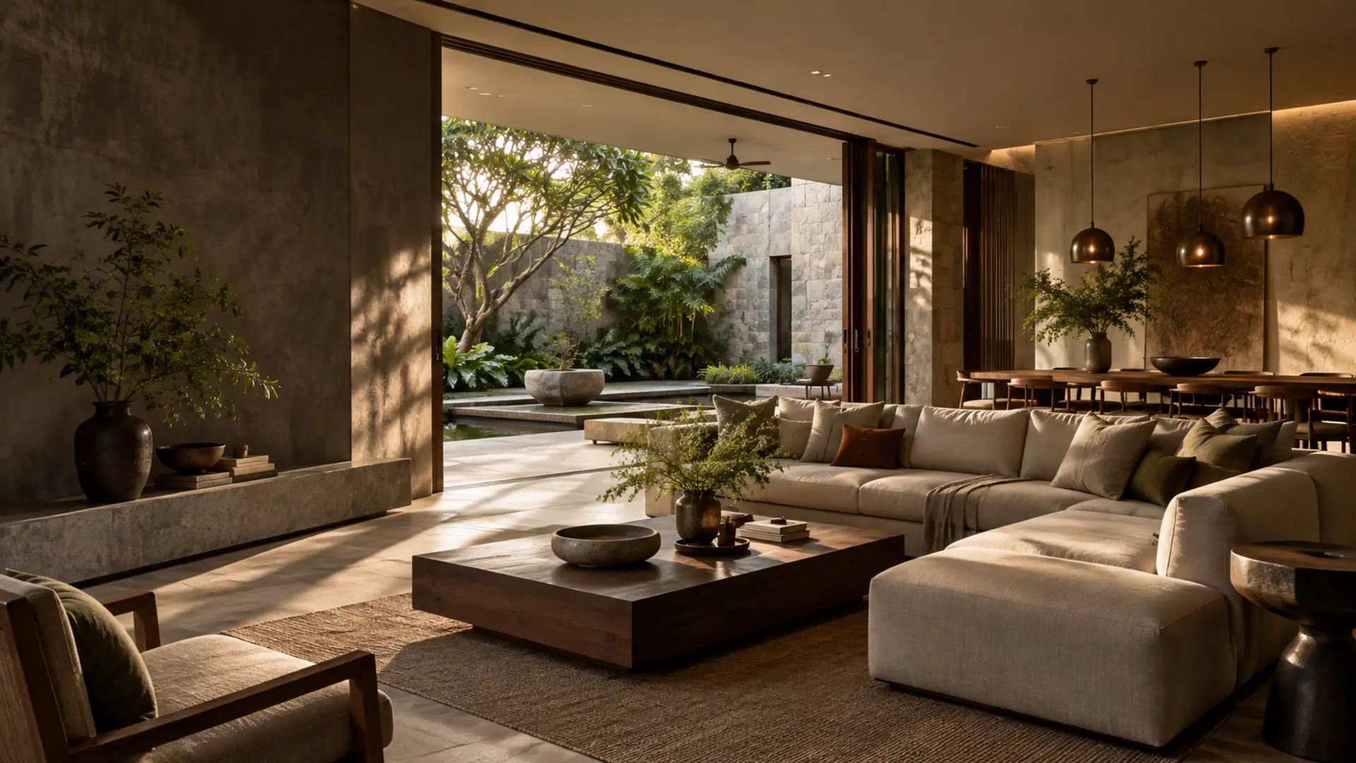 Warm contemporary living room interior with natural light and garden views